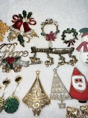 Christmas jewelry lot brooches earrings Many Signed See Description