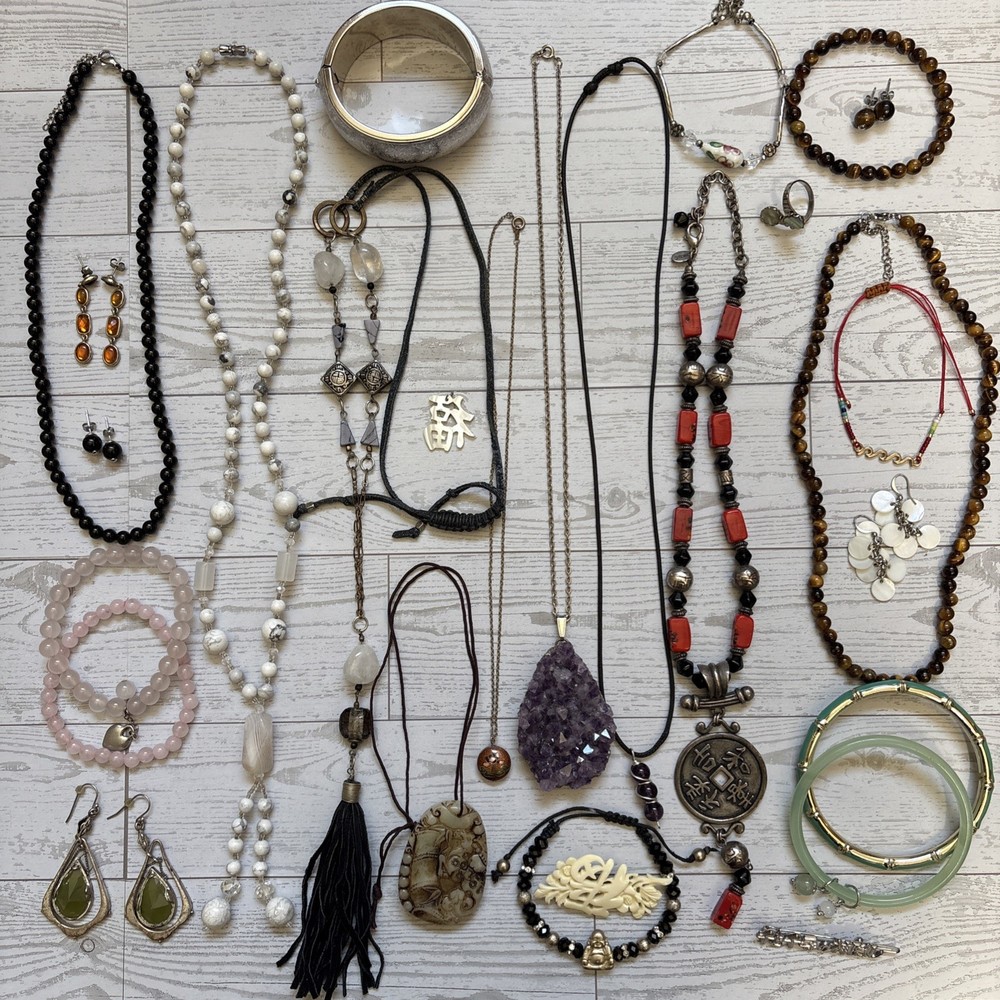 Vintage & Modern Asian Jewelry Lot Natural Mixed Gemstones Amethyst Pink Quartz