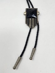 Vintage Bolo Tie Silver Tone & Black Stone Rhinestones Braided Leather Cord