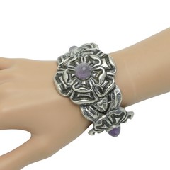 1930’s Wide Mexico City Amethyst Repoussé Sterling Silver Floral Bracelet
