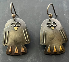 Vintage Artisan Owl Dangle Pierced Ears Earrings Matte Finish Geometric Overlays