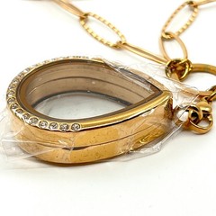 VTG Gold Tone Teardrop Floating Locket Necklace Crystal Accent Paperclip Chain