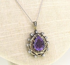 Antique 1.00 ct Amethyst 14k Gold & Silver .60 ctw Diamonds Old Minor Necklace