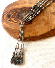 Vintage Southwestern Liquid Silver Hematite Multi Strand Lariat Tassel Necklace