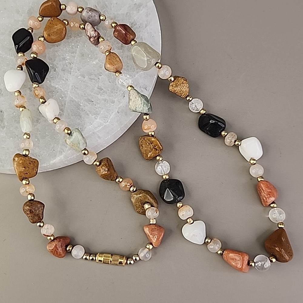 Vintage Beggars Beads Stone Necklace Nuggets Multicolor Agate Quartz 28″