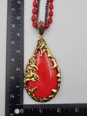 1960s Brutalist Love Witch Red Bead Gold Tone Pendant Necklace Vintage