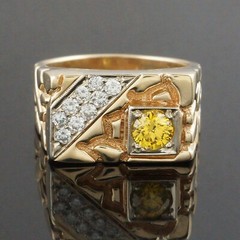 Solid 14K Gold, .65Ct Fancy Yellow Irradiated Diamond & White Diamond Man’s Ring