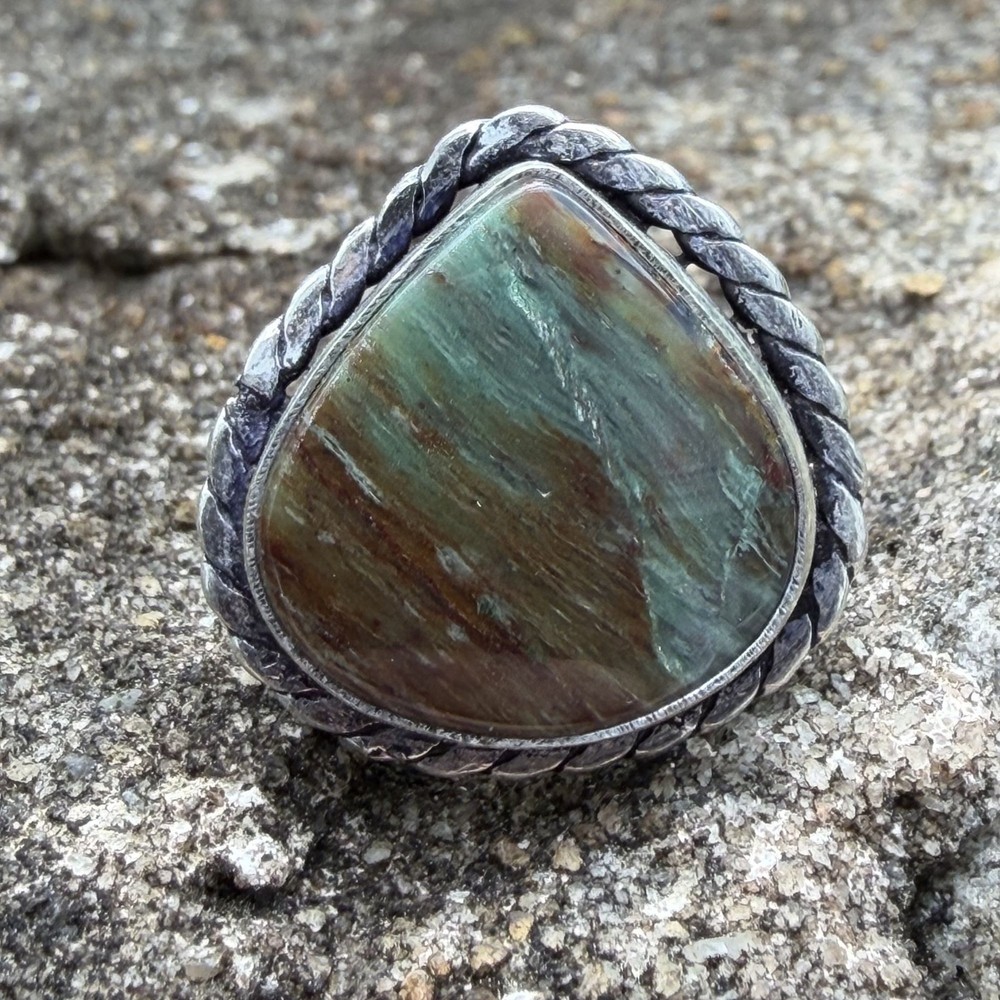 Green Brown Jasper Ring 6.5 Sterling Silver Twisted Rope Boho Southwestern