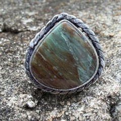Green Brown Jasper Ring 6.5 Sterling Silver Twisted Rope Boho Southwestern