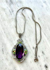 Deco Purple Glass & Multicolor Enamel Filigree Pendant Signed Helgen 17.75”Huge