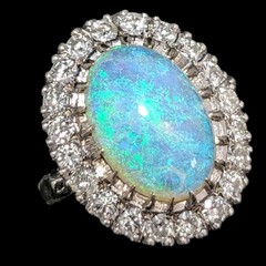Vintage Opal Diamonds 14k White Gold Large Cocktail Ring Halo Estate Gift