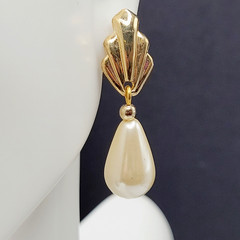 Art Deco Style Faux Pearl Teardrop Gold Tone Scallop Fan Classy Mermaid Earrings