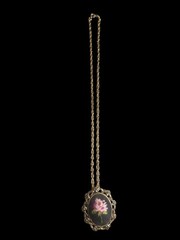 Vtg Brooch Gold Needlework Pink Floral Rose Necklace 11.5″ Chain