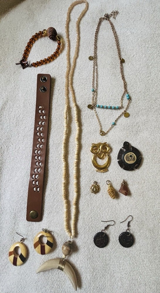 Boho Costume Jewelry Lot Of 11 Pieces Some Vintage Wood Leather Stone