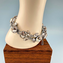 Vintage Austria Crystal Bracelet LG Dentelle Prong Set Silver Tone Safety Chain