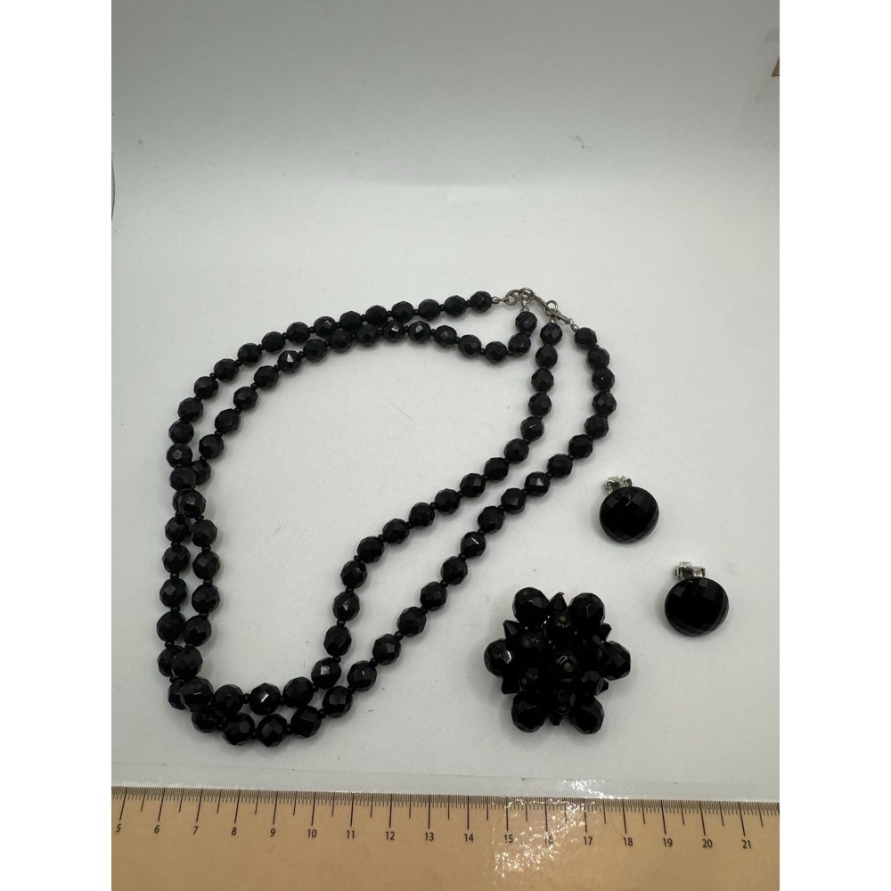 Vintage Jet Black Faceted Bead Double Strand Necklace Earring Brooch Jewelry Set