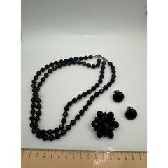 Vintage Jet Black Faceted Bead Double Strand Necklace Earring Brooch Jewelry Set