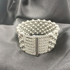 Vintage 90s Silver Tone Multi Row Bead Clear Glass Wide Cuff Statement Bracelet