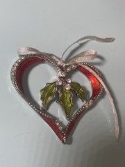 LC Signed Christmas Heart Ornament Brooch Red Enamel Holly Rhinestone Holiday Pi