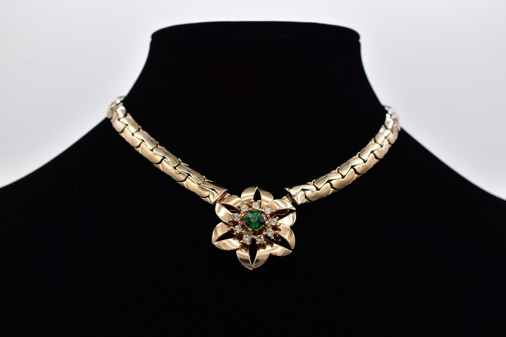 Vintage Flower Collar Choker Necklace Green Rhinestone Crystal Gold Chunky BinBN