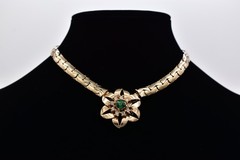 Vintage Flower Collar Choker Necklace Green Rhinestone Crystal Gold Chunky BinBN