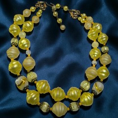 Vintage 1950s Yellow Lucite Crackle Glass Double Strand Necklace AB Wedding Cake