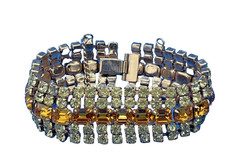 Vintage Amber Rhinestone Bracelet Gold Tone Triple Row Glows Green UV Reactive