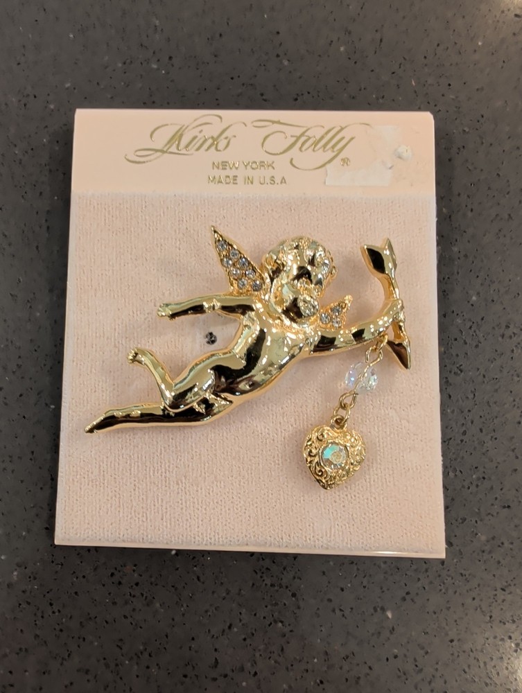 Kirks Folly Cherub Angel Brooch Pin Gold Tone Crystals Signed New T12
