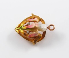 14k Gold Krementz Enamel Diamond Pearl Brooch Watch Pin Pendant