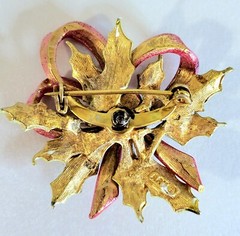 Vintage ART Arthur Pepper Holiday Brooch Spray Greens Fx.Pearls Red Enamel Bow