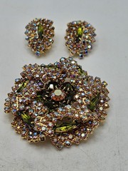 Vintage Olive Marquis & Aurora Borealis Rhinestone Brooch And Earrings Demi…