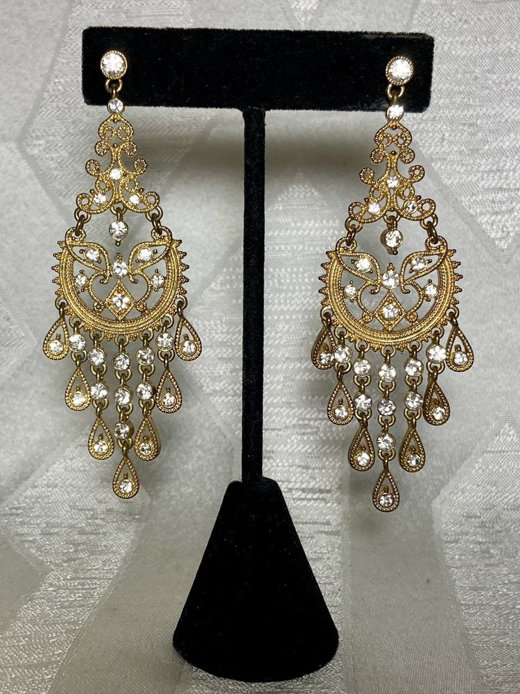 Vintage Style Filigree Chandelier Earrings Gold Tone Rhinestone Dangle 3” Glam