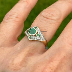 Art Deco Vintage Round Cut Emerald & Lab Created Diamond 925 Silver Wedding Ring