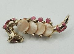 Vintage Saxophone Brooch Pink Enamel Mother of Pearl Keys Gold Tone Pin Brooch