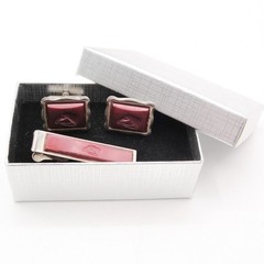 Vintage Silver Tone Red Lucite Horse Head Cufflinks Tie Bar Clip Set Equestrian