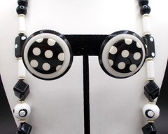 Vtg 80s Black White Beaded Lucite Plastic 30″ Necklace Bangle Polka Dot Earrings
