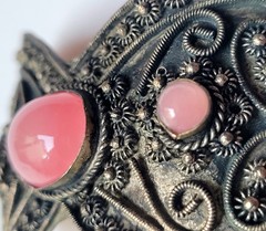 Vintage Chinese Silver Plated Filigree Hair Pin Pink Rose Glass Cabochons