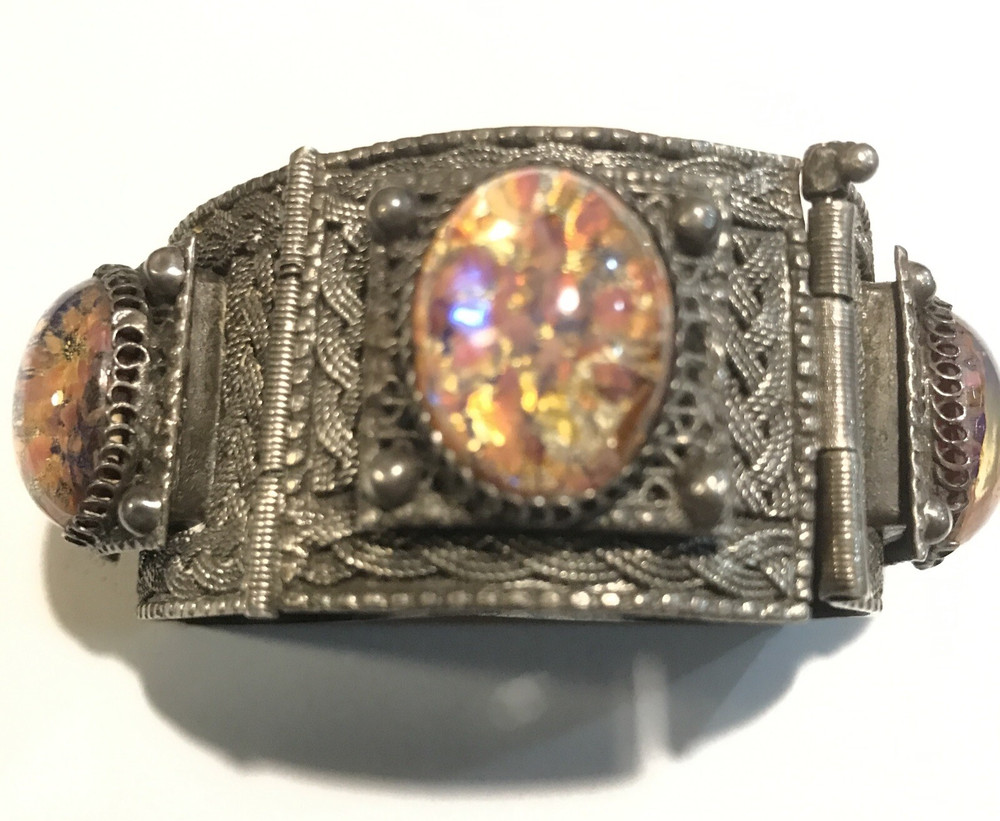 Vintage Large Art Glass Cabochon Braided Sterling Silver Bracelet Faux Fire Opal