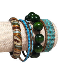 VTG 5pc Boho Enamel Wood Leather Seed Bead Everyday Festival Statement Bracelets