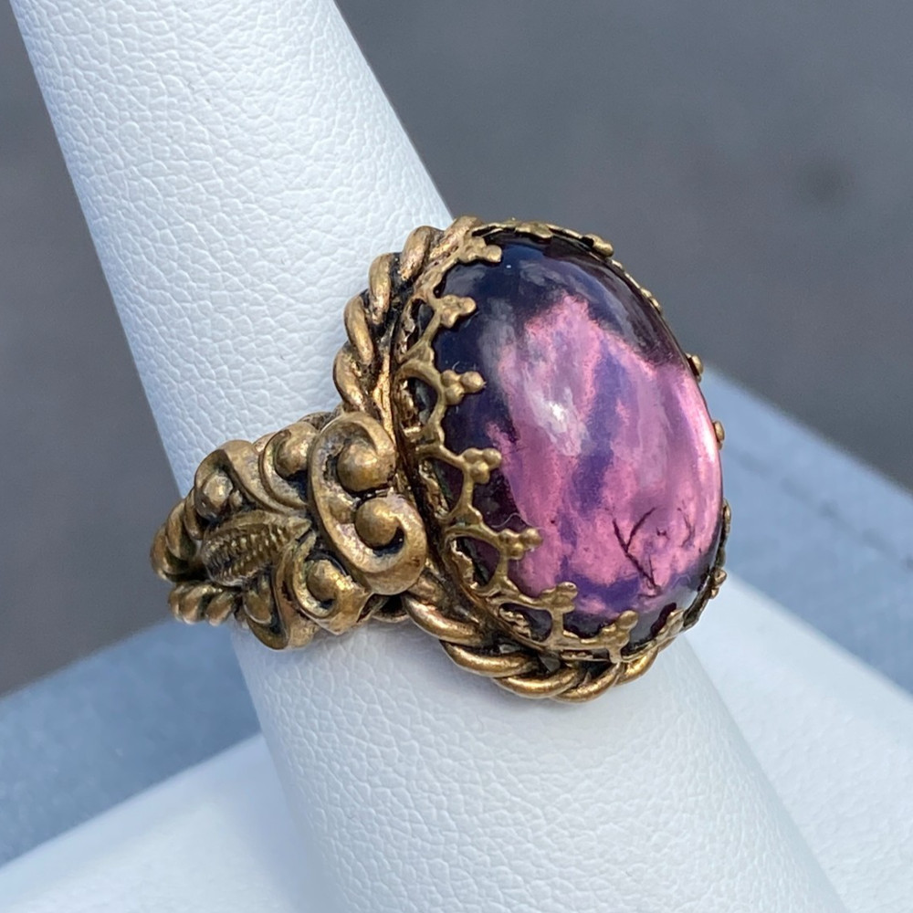 Vintage Ring Czech Glass Purple Cabochon Twisted Brass Adjustable Filigree Bezel