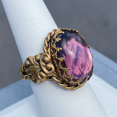 Vintage Ring Czech Glass Purple Cabochon Twisted Brass Adjustable Filigree Bezel
