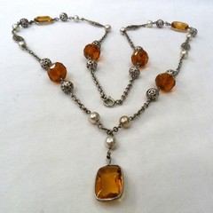 ANTIQUE VINTAGE ART DECO CZECH BEZEL-SET CITRINE GLASS FAUX PEARL BEADS NECKLACE