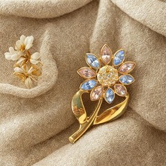 1960s Style Floral Pastel Blue & Pink Rhinestone Flower Brooch