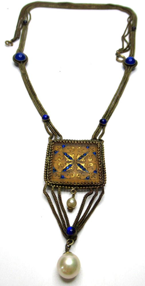 Amazing Art Deco Blue Glass Painted Frame Necklace