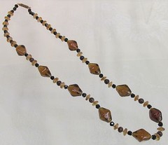 Vintage Art Glass Beaded Necklace Root Beer Brown & Black with Swirl Spacers