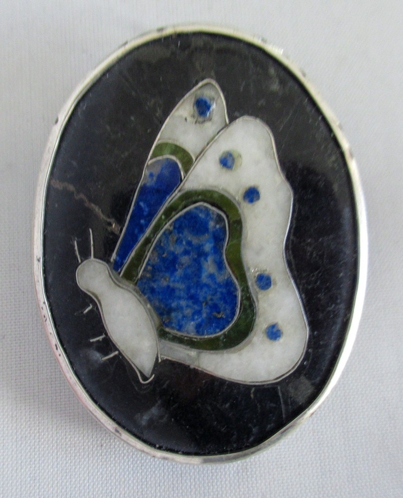 HANDMADE STERLING BUTTERFLY PENDANT BROOCH, 2 INCHES, 20 GRAMS, LAPIS & CRYSTAL