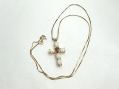 Fire Faux Opal & Garnet 925 Sterling Silver Cross Pendant Necklace 18″ inch