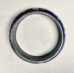 Vintage Wide Floral Blue Background Cloisonne Bangle Bracelet 3 1/8” Diameter