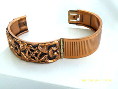 VINTAGE ELABORATE COPPER HINGED BANGLE BRACELET SIGNED RENOIR