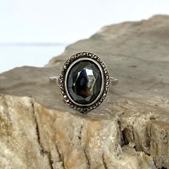 VTG Sterling Silver 935 +W+ Oval Faceted Hematite & Marcasite Ring Sz 6.25